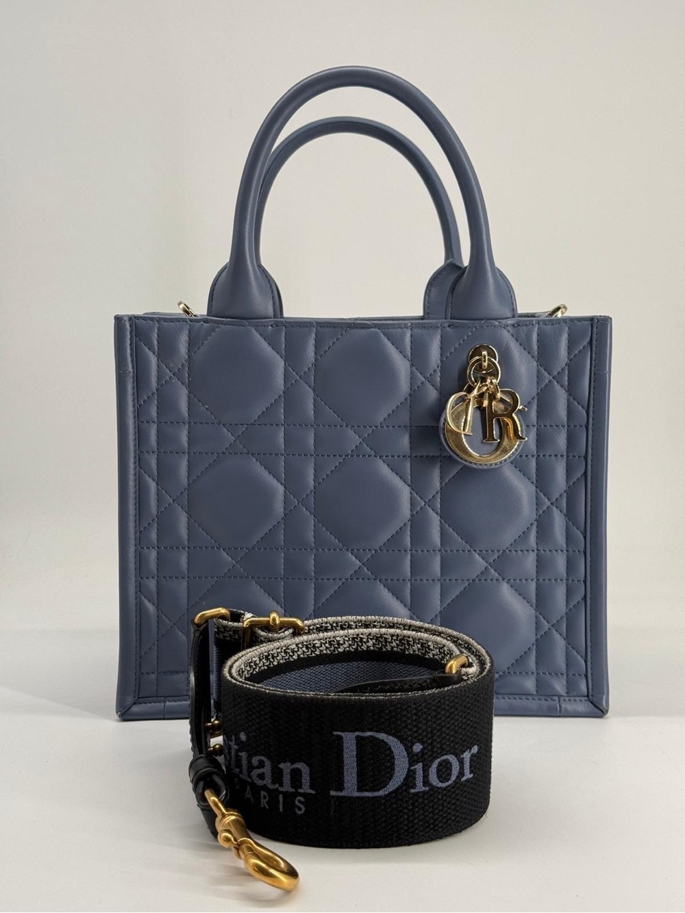 Dior Small Dior Book Tote Blue Macrocannage Leather Bag - Picture 1 of 12